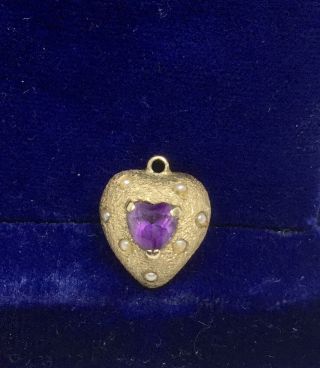 Antique Unmarked Victorian Amethyst & Pearl Heart Charm/pendant