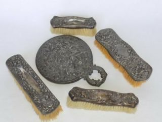 5 Pc Antique Victorian Silverplate Vanity Brushes & Hand Mirror