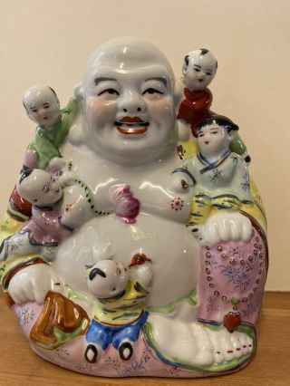 8.  5（h）chinese Porcelain Happy Laughing Buddha With Five Children Statue