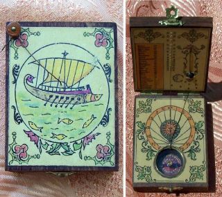 Rare Antique Wood Pocket Folding Sundial With Compass.  Solar Watch Clock