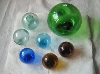Float Hand Blown Glass Balls,  Blenko? Greens,  Blues,  Brown,  Purple
