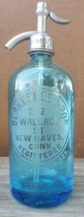 Antique Blakes Lee Brothers Bev Co.  Blue Seltzer Bottle Haven Conn