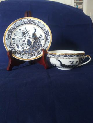 Japanese Porcelain Tea Cup Saucer Hand Painted Gold Blue & White Peacock