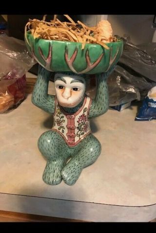 Vintage Andrea By Sadek Ceramic Monkey Sitting Holding Bowl Rare