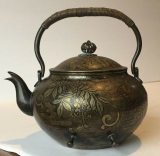 Antique Japanese Mixed Metal Bronze And Copper Ceremonial Teapot