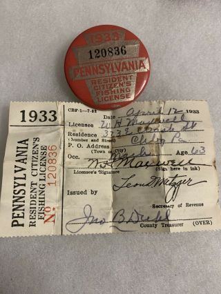 1933 Pa Pennsylvania Fishing License W Matching Paper