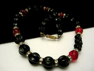 Rare Vintage 16 " X1/4 " Signed Miriam Haskell Red Black Glass Rhinestone Necklace