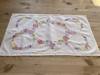 , Vintage Hand Embroidered Linen Traycloth: With Raised Flowers.