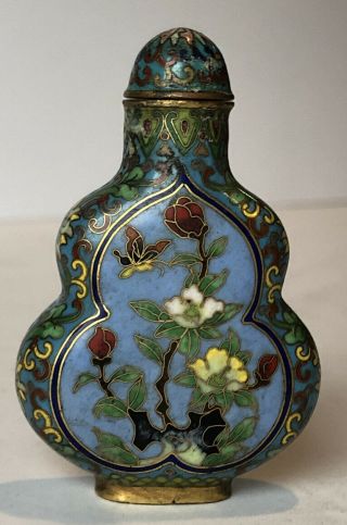 Antique Chinese Cloisonné On Brass 2 5/8” Snuff Bottle With Blossoms & Bird
