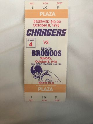 1978 San Diego Chargers Vs Denver Broncos Ticket.  Rare