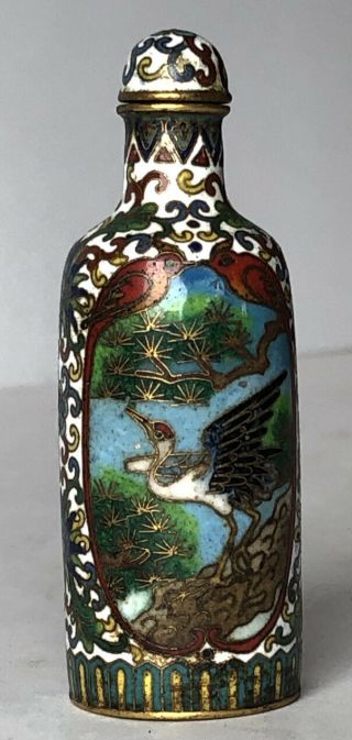 Antique Chinese Cloisonné On Brass 2 7/8” Snuff Bottle With Cranes Scene