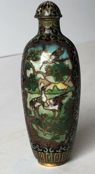 Antique Chinese Cloisonné On Brass 4 5/8” Snuff Bottle With Crane Scene.