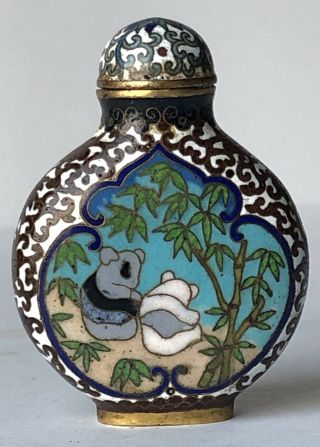 Antique Chinese Cloisonné On Brass 2 1/2” Snuff Bottle With Bears And Bamboo