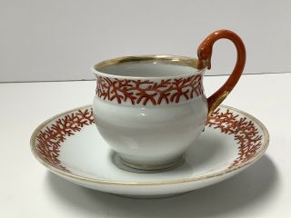 Meissen Cup And Saucer.  Snake Handle.  Unusual Coral Sprig Design.  Antique