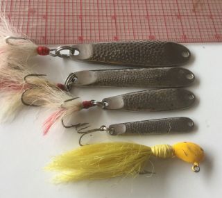 4 Vintage Hopkins Hammered Fishing Lure Spoons And A Bonus Streamer