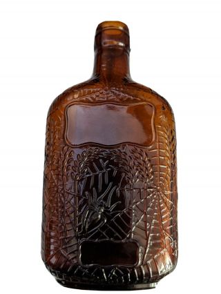 Spider Web Embossed Amber Glass Spiritus Frumenti Whiskey Bottle Antique Flask