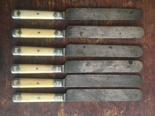Antique Flatware Civil War Era Bone Handle Bovine Pewter Inlay Set 6 Knives Old