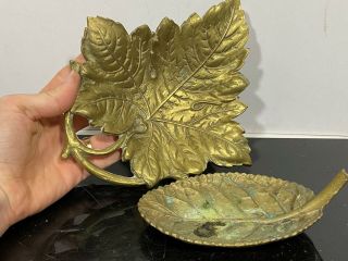 Antique 2pc Brass Art Nouveau Soap Dish Leaf Ashtray Plates