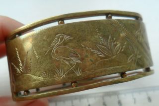 Vintage Jewellery Antique Brass Victorian Costume Bangle Stork Bird Engraving
