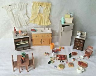Vintage Doll House Miniature Kitchen Set Refigerator Sink Cup Board Food Bundle
