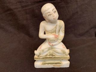 Antique Chinese Carved Alabaster Figure Of A Seated Monk Painted Highlights 7.  5”