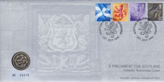 Gb Stamps First Day Cover 1999 Parliament For Scotland With £1 Coin Rare