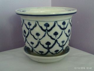Lovely Vintage Chinese Blue & White Design Plant Pot & Saucer 14 Cms Diameter