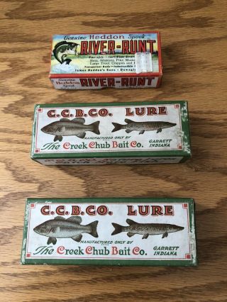 Vintage Lure Boxes Only Heddon Spook River Runt & Ccb Co Creek Chub Minnow Pikie