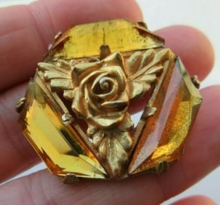 Spectacular Large Antique Vtg Amber Glass In Metal Button W/ Flower 1 - 3/8 " (r)