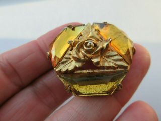 Spectacular LARGE Antique Vtg Amber GLASS in Metal BUTTON w/ Flower 1 - 3/8 