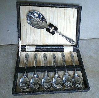 Vintage Boxed Set Of Sheffield,  Chrome Plated Dessert Spoons.  Gc