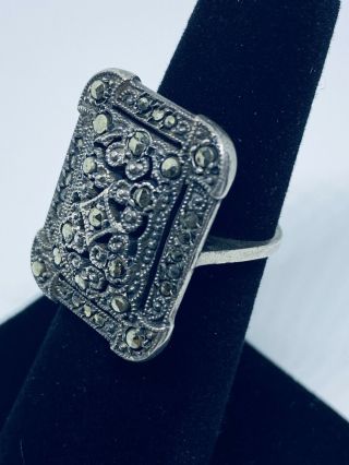 Antique Large Rare Victorian Sterling Silver & Marcasite " Cut Steel " Ring