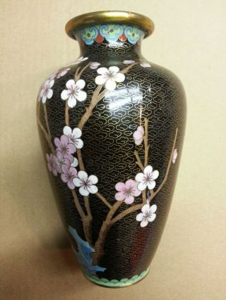 Antique Chinese Cloisonne Vase,  Black Enamel On Brass W/flowers,  Bird,  Clouds