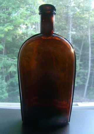 Antique Strap Sided Orange Amber Whiskey Flask - Bottle