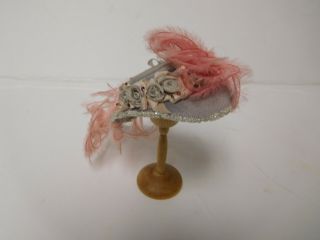 Vintage Artisan Dollhouse Doll Lavender Rose Pink Feather Hat With Hatpin