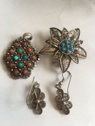 Pretty Antique Silver Jewellery With Coral And Turquoise