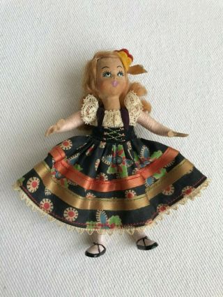 Vintage 4 " Miniature Girl Doll With German Outfit Doll House String Wrap