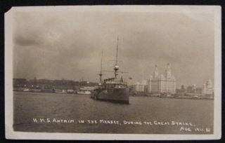 Rare 1911 Hms Antrim In Mersey Great Strike Liverpool Postcard Churchill Order