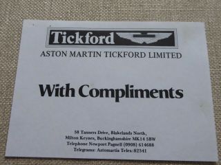 Rare Aston Martin Tickford Compliments Slip   Q152