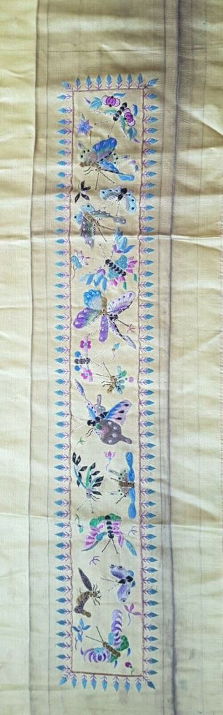 Antique Japanese Yellow Silk Embroidered Pannel Butterflies Flowers 19.  5 " X 3.  5 "