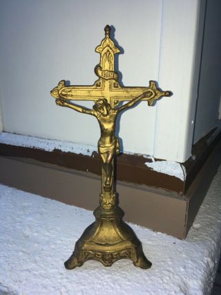 Antique Brass Tone Metal Standing Altar Cross Crucifix Jesus Religious