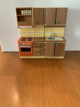 Vintage Lundby Dollhouse 2 Piece Kitchen Set Cabinets Stove & Sink Orange Sweden