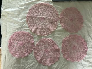 5x Vintage Crochet Dressing Table Mats,  4 Small,  1 Large Pink Hand Made.