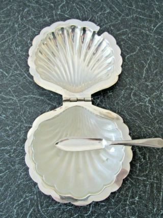 Angora Silver Plate –art Deco “clam Shell” Hinged Butter Dish,  Spreader,  C1940s