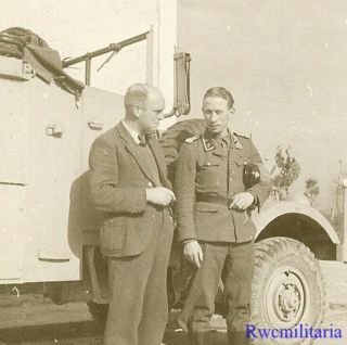 Port.  Photo: Rare German Elite Waffen Obertruppführer By Lkw Truck On Street