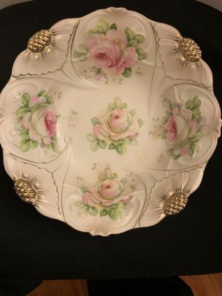 Antique Germany Porcelain Bowl Pink Roses And Gold Floral Edging 10 "