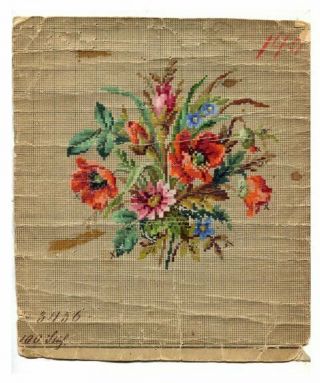 Antique Berlin Woolwork Hand Painted Chart Pattern Floral W Poppies