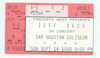 Rare Jeff Beck 9/14/80 Sam Houston Coliseum Concert Ticket Stub
