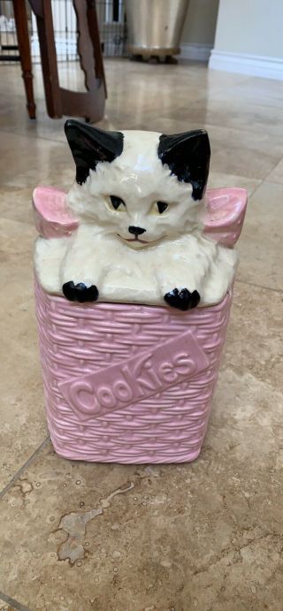 Vintage Antique Ceramic Cat In A Basket Cookie Jar