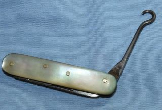 Antique Sewing Button Hook & Quill Cutter Mother Of Pearl Panels E Robert & Co